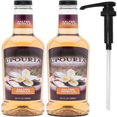 Upouria Salted Vanilla Syrup Flavoring, 100% Vegan, Gluten-Free, Kosher, 750ml bottle (Pack of 2) with 1 Syrup Pump