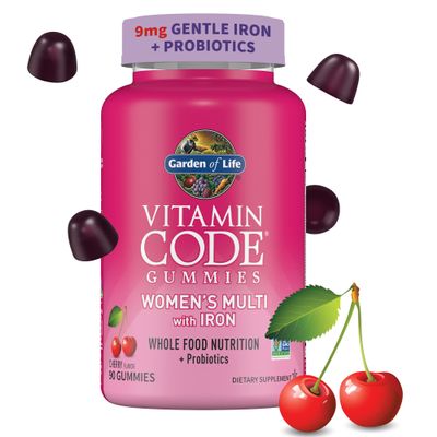Garden of Life Vitamin Code Womens Multivitamin Gummy with Iron: Folate, Biotin, D3 & B12 for Hair, Skin & Nails + Probiotics for Immune Health & Digestion, Non-GMO, Gluten-Free, 90 Cherry Gummies