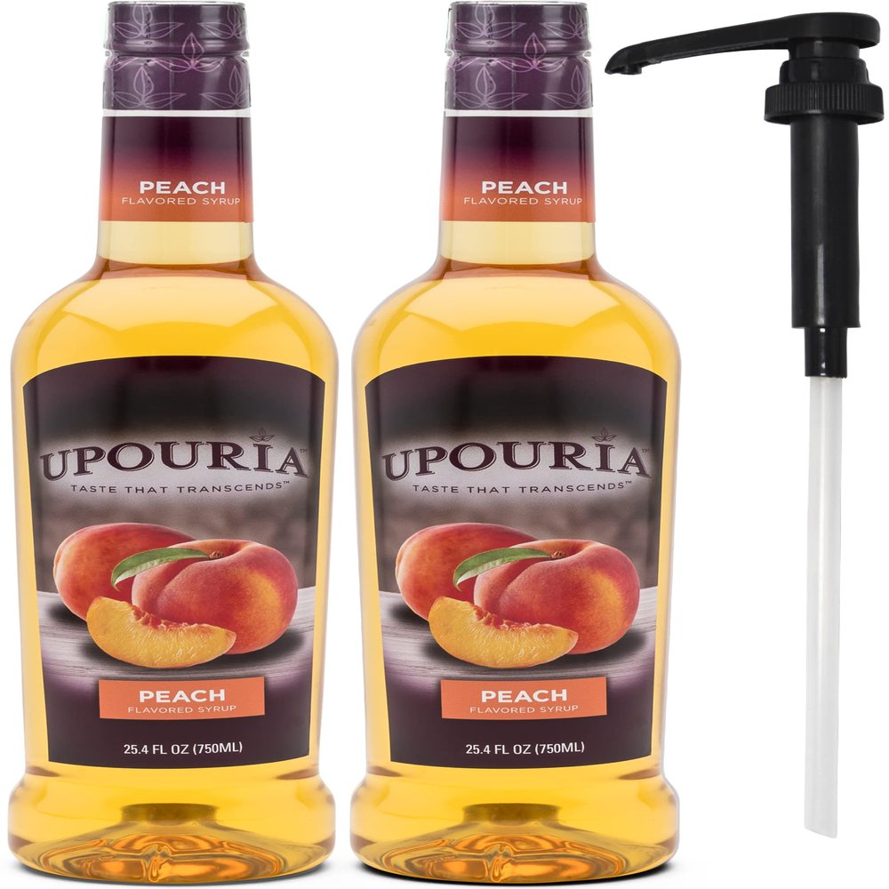 Upouria Peach Syrup Flavoring, 100% Vegan, Gluten-Free, Kosher, 750ml bottle (Pack of 2) with 1 Syrup Pump
