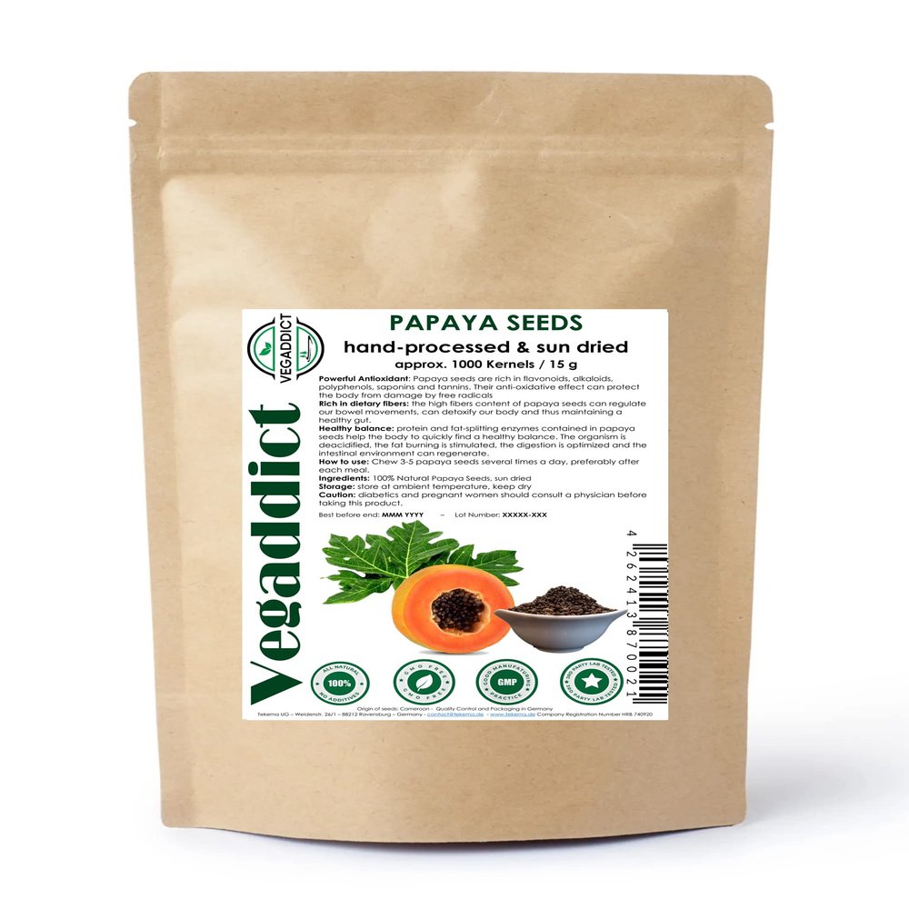 100% Natural Sun Dried Papaya Seeds | High Papaya Enzyme (Papain) Content | No Additives | Vegan | Laboratory Tested | Gluten & Lactose Free | Ethycally sourced (approx 1000 kernels ~ 15g)