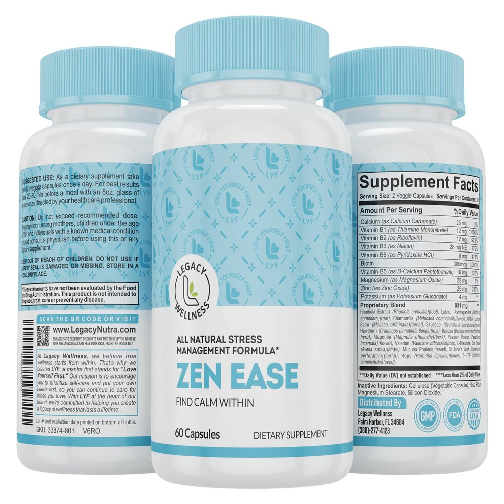 Legacy Wellness Zen Ease Calm Mind Supplement - Natural Vegan Formula - 5-HTP, Ashwagandha, St. John's Wort, L-Theanine, Magnesium, B-Vitamins - Capsules to Promote A Good Feeling of Peace