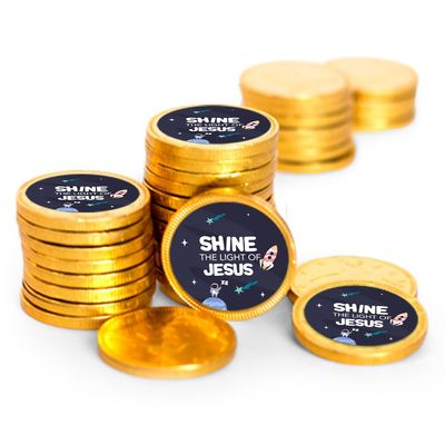 80ct Space Themed Vacation Bible School Candy Religious Party Favors Chocolate Coins (80 Count) - Gold Foil - By Just Candy