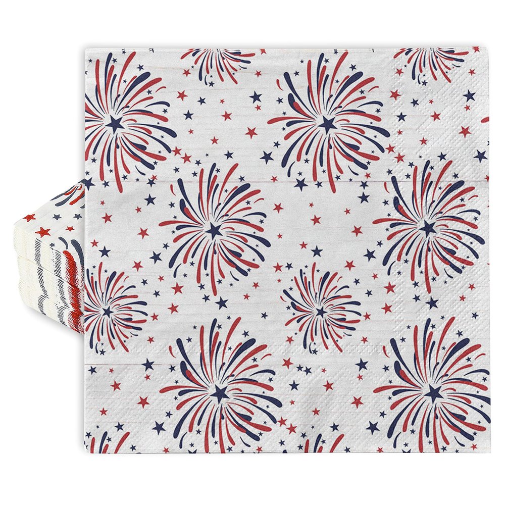 AnyDesign 80Pcs Firework Paper Napkins 6.5 x 6.5 Inch Patriotic Memorial Day Luncheon Napkin Disposable Red Blue Firework Dessert Dinner Hand Napkin for 4th of July Independence Day Supplies