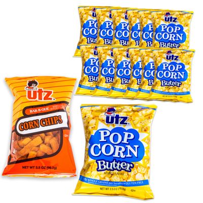 Utz Butter Popcorn - (12, 2.5oz bags) - Variety Pack - Utz BBQ Corn Chips (1, 3.5oz bags) - Buttery, Delicious, Crunchy Popcorn - 13pk
