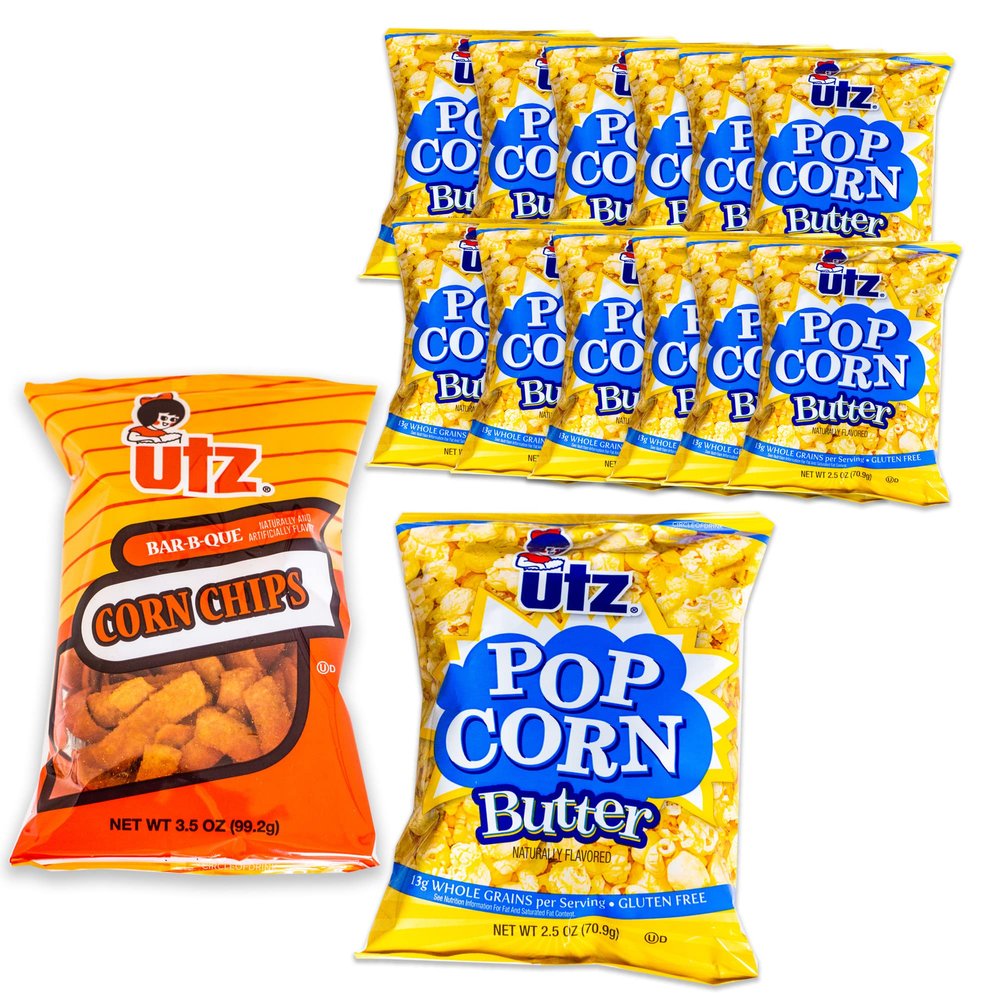 Utz Butter Popcorn - (12, 2.5oz bags) - Variety Pack - Utz BBQ Corn Chips (1, 3.5oz bags) - Buttery, Delicious, Crunchy Popcorn - 13pk