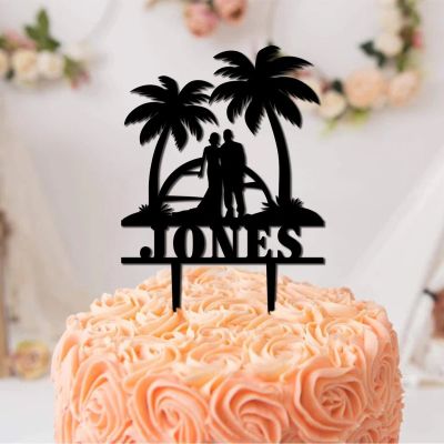 Beach Theme Mr & Mrs Birthday Cupcake Topper Palm Tree Hawaii Ocean Travel Wedding Acrylic Cupcake Topper Novelty Unique Bride And Groom Love Themed Baking Dessert Decorations for Party Suppliers