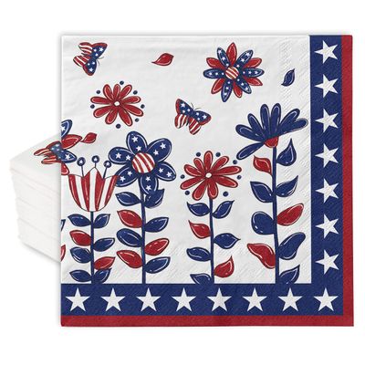 AnyDesign 80Pcs Patriotic Paper Napkins Disposable Red Blue Flowers Butterflies Stars Luncheon Paper 4th of July Dessert Dinner Hand Napkin for Independence Day Memorial Day Supplies, 6.5 x 6.5 Inch