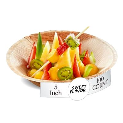 SWEET FLAVOR Natural Palm Leaf Bowl 5 Inch (100 Count) Biodegradable Bowls Dinnerware for Parties and Events, Ideal for Eco-Friendly, Serving appetizers, salads, and side dishes