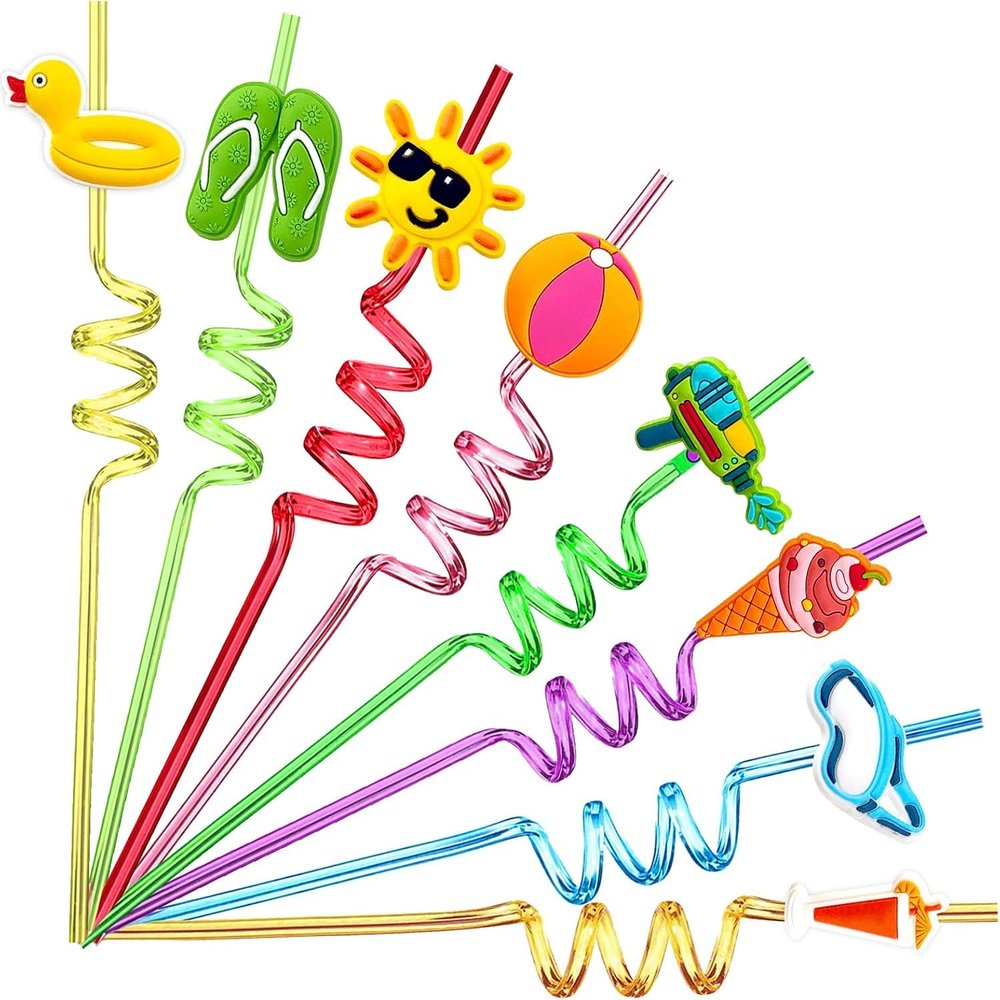 24Pcs Beach Drinking Straws Beach Ball Pool Summer Birthday Party Supplies Decorations with 2Pcs Cleaning Brushes