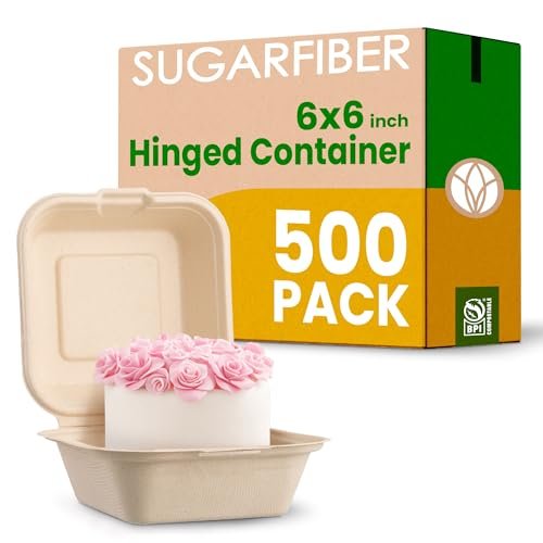 [500 COUNT]Harvest Pack PFAS FREE 6 X 6" Compostable Clamshell Food Containers, Disposable Takeout to go Box with Lid, Heavy-Duty Hinged Container, Bagasse Eco-Friendly Natural Sugarcane