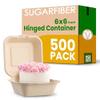 [500 COUNT]Harvest Pack PFAS FREE 6 X 6" Compostable Clamshell Food Containers, Disposable Takeout to go Box with Lid, Heavy-Duty Hinged Container, Bagasse Eco-Friendly Natural Sugarcane view 1