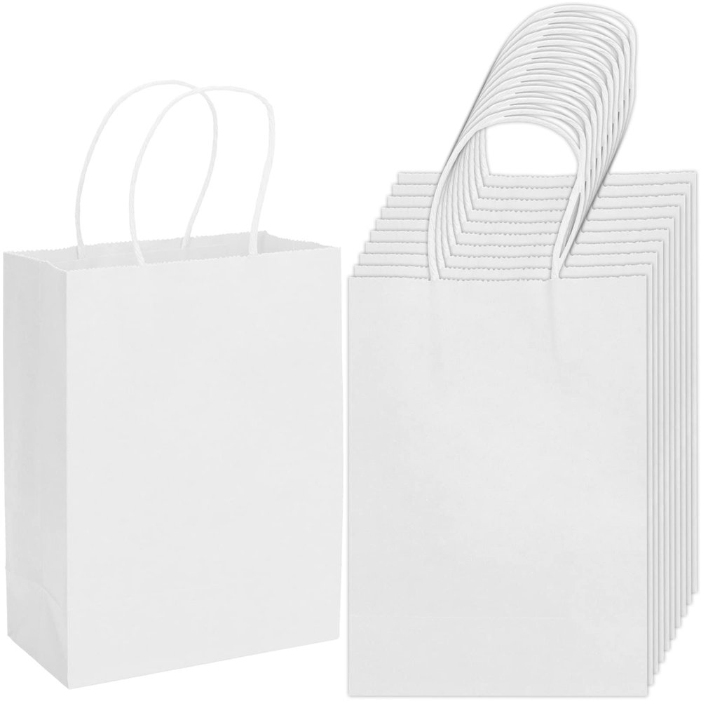 100 Pack 5.9x3.15x8.26 inch Small White Gift Bags, Kraft Bags with Handles Bulk for Birthday Party Favors,Gift Paper Bags,Retail Shopping Business Goody Craft Gift Bags