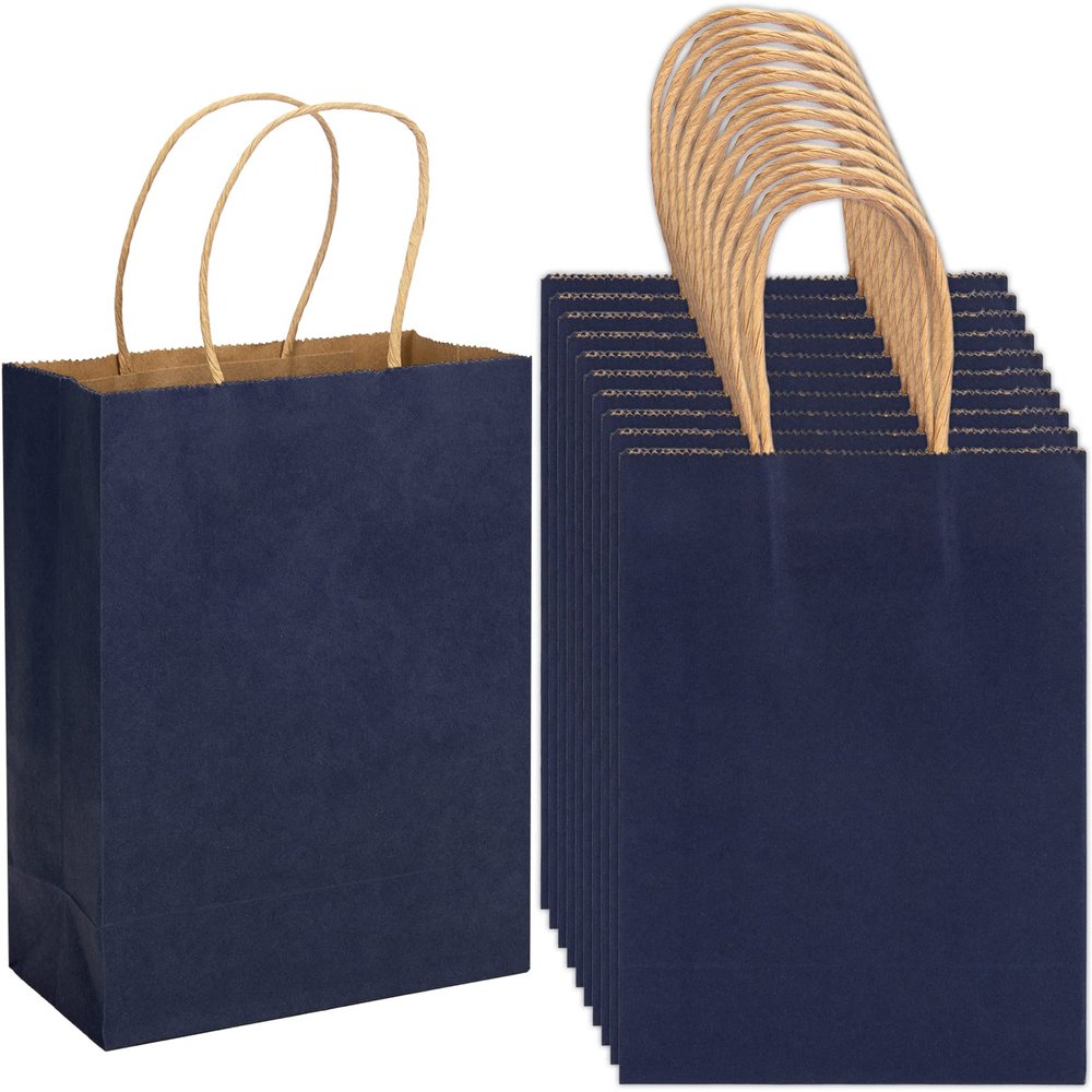100 Pack 5.9x3.15x8.26 inch Small Gift Bags, Kraft Dark Blue Bags with Handles Bulk for Birthday Party Favors,Gift Paper Bags,Retail Shopping Business Goody Craft Gift Bags