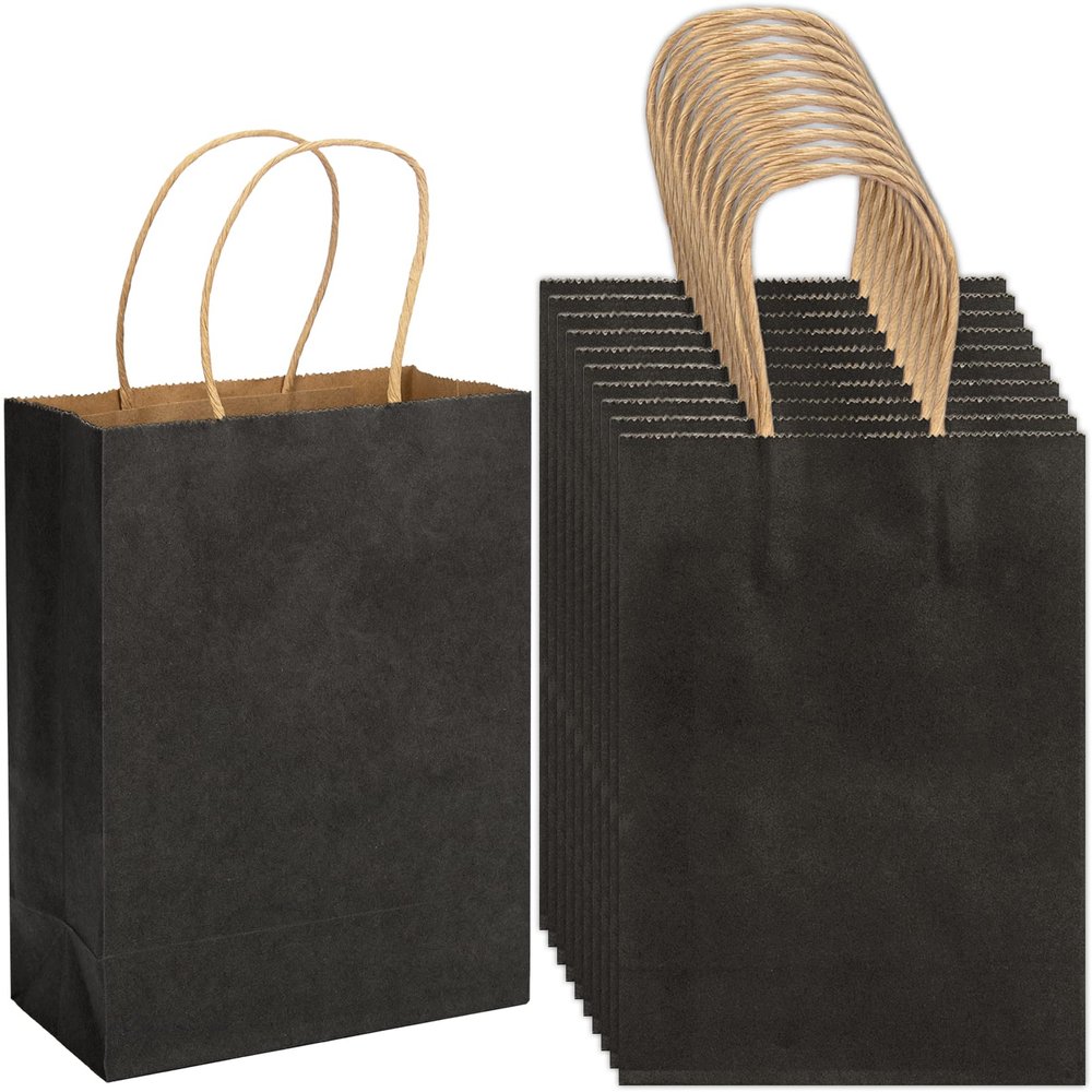 100 Pack 5.9x3.15x8.26 inch Small Gift Bags, Kraft Black Bags with Handles Bulk for Birthday Party Favors,Gift Paper Bags,Retail Shopping Business Goody Craft Gift Bags