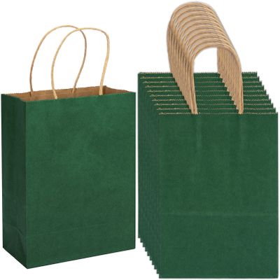 100 Pack 5.9x3.15x8.26 inch Small Green Gift Bags, Kraft Bags with Handles Bulk for Birthday Party Favors,Gift Paper Bags,Retail Shopping Business Goody Craft Gift Bags