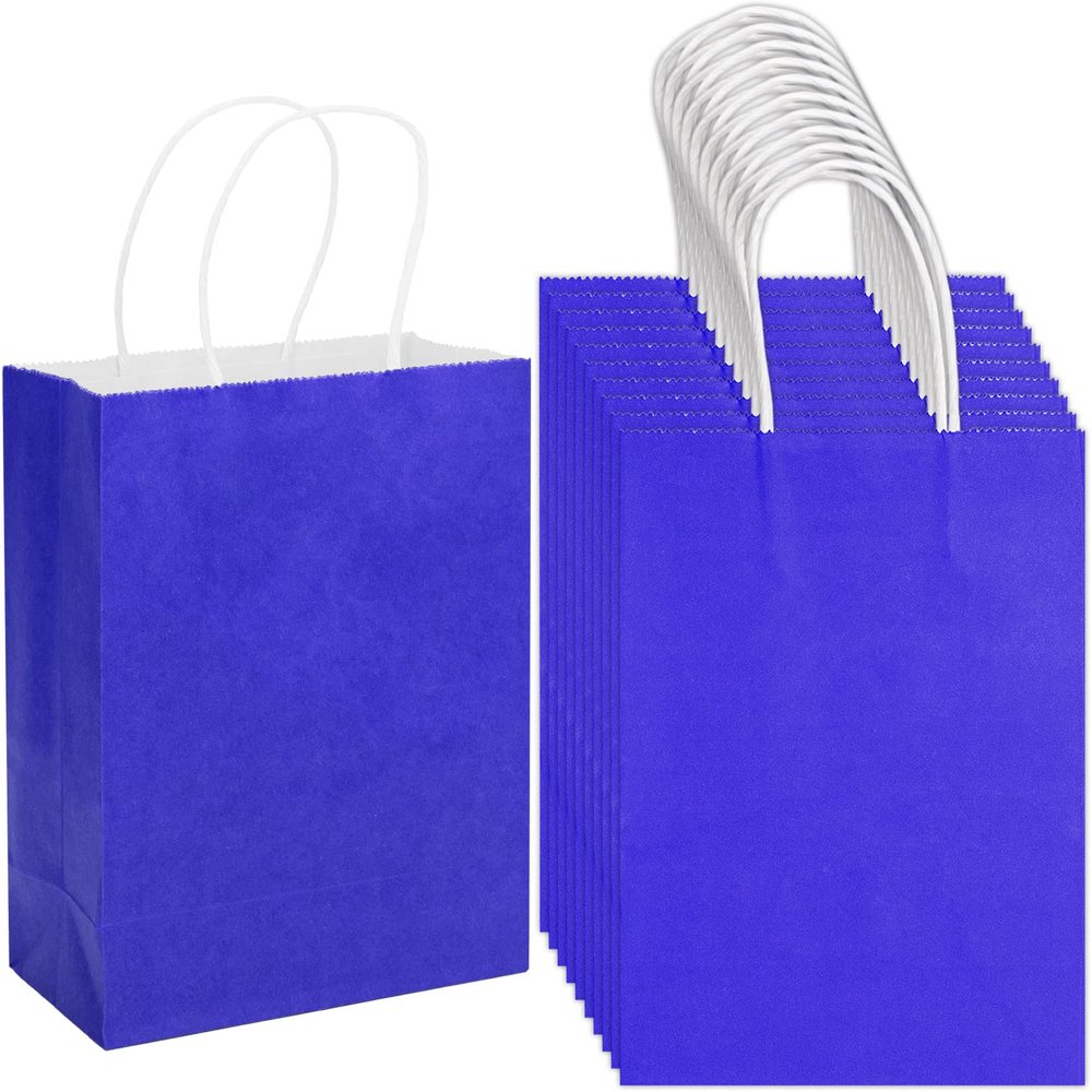 100 Pack 5.9x3.15x8.26 inch Small Gift Bags, Kraft Blue Bags with Handles Bulk for Birthday Party Favors,Gift Paper Bags,Retail Shopping Business Goody Craft Gift Bags