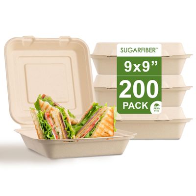 [200 COUNT]Sugarfiber by Harvest Pack PFAS FREE 9 X 9" Compostable Clamshell Food Containers, Heavy-Duty Hinged Container, Disposable Bagasse Eco-Friendly Natural Sugarcane Takeout to go Box