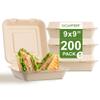 [200 COUNT]Sugarfiber by Harvest Pack PFAS FREE 9 X 9" Compostable Clamshell Food Containers, Heavy-Duty Hinged Container, Disposable Bagasse Eco-Friendly Natural Sugarcane Takeout to go Box view 1