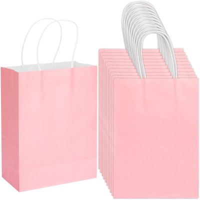 100 Pack 5.9x3.15x8.26 inch Small Pink Gift Bags, Kraft Bags with Handles Bulk for Birthday Party Favors,Gift Paper Bags,Retail Shopping Business Goody Craft Gift Bags