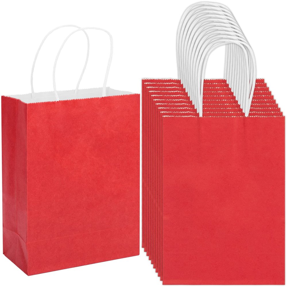 100 Pack 5.9x3.15x8.26 inch Small Gift Bags, Kraft Red Bags with Handles Bulk for Birthday Party Favors,Gift Paper Bags,Retail Shopping Business Goody Craft Gift Bags