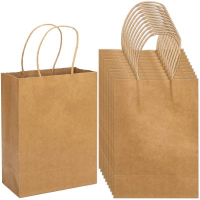100 Pack Small Brown Kraft Gift Bags with Handles, 5.9x3.15x8.26 inch, Bulk for Birthday Party Favors