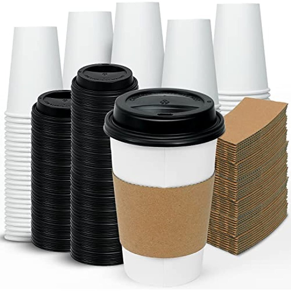 [100 Pack 16 oz Disposable Coffee Cups with Lids and Sleeves - To Go Coffee Cups for Hot & Cold Drinks