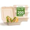 [200 COUNT]Sugarfiber by Harvest Pack PFAS FREE 10 X 10" Compostable Clamshell Food Containers, Heavy-Duty Hinged Container, Disposable Bagasse Eco-Friendly Natural Takeout to go Box view 1