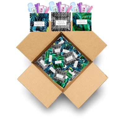 30 x Menstrual All-in-One Kits - Assorted Colors | Convenience on The Go | Single Period Kit Packs | Individually Wrapped Feminine Hygiene Products (Black Treads/Blue Forest/Green Ferns)