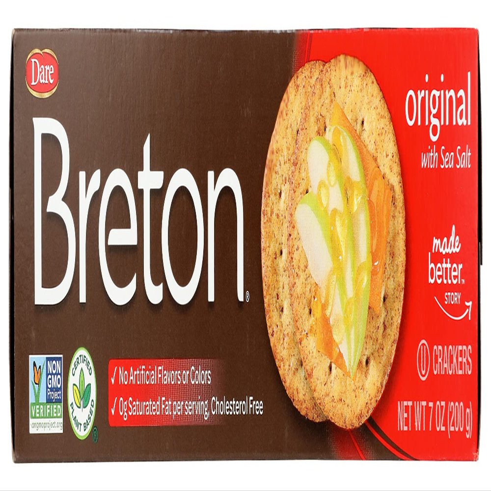 Dare Breton Original with Sea Salt Crackers, No Artificial Flavors or Colors, 0g Saturated Fat, Cholesterol Free, Plant Based, Kosher, Gluten Free & Non-GMO, 7 Ounce (Pack of 12)