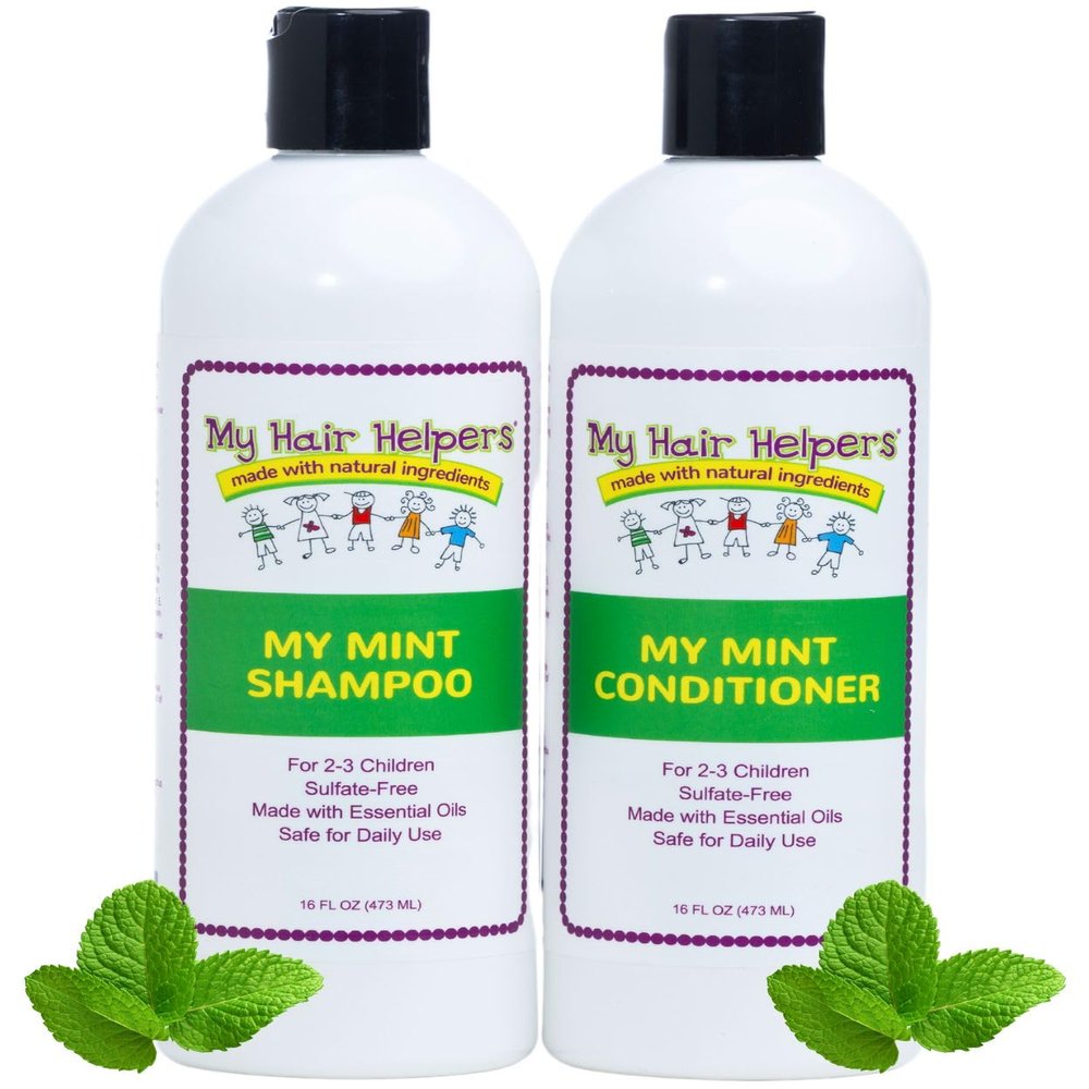 My Hair Helpers Anti Lice Prevention Shampoo & Conditioner Set for Kids, Mint, Neem, Rosemary, Stay Nit-Free, Works on 2-3 Children, 16 Ounces Each