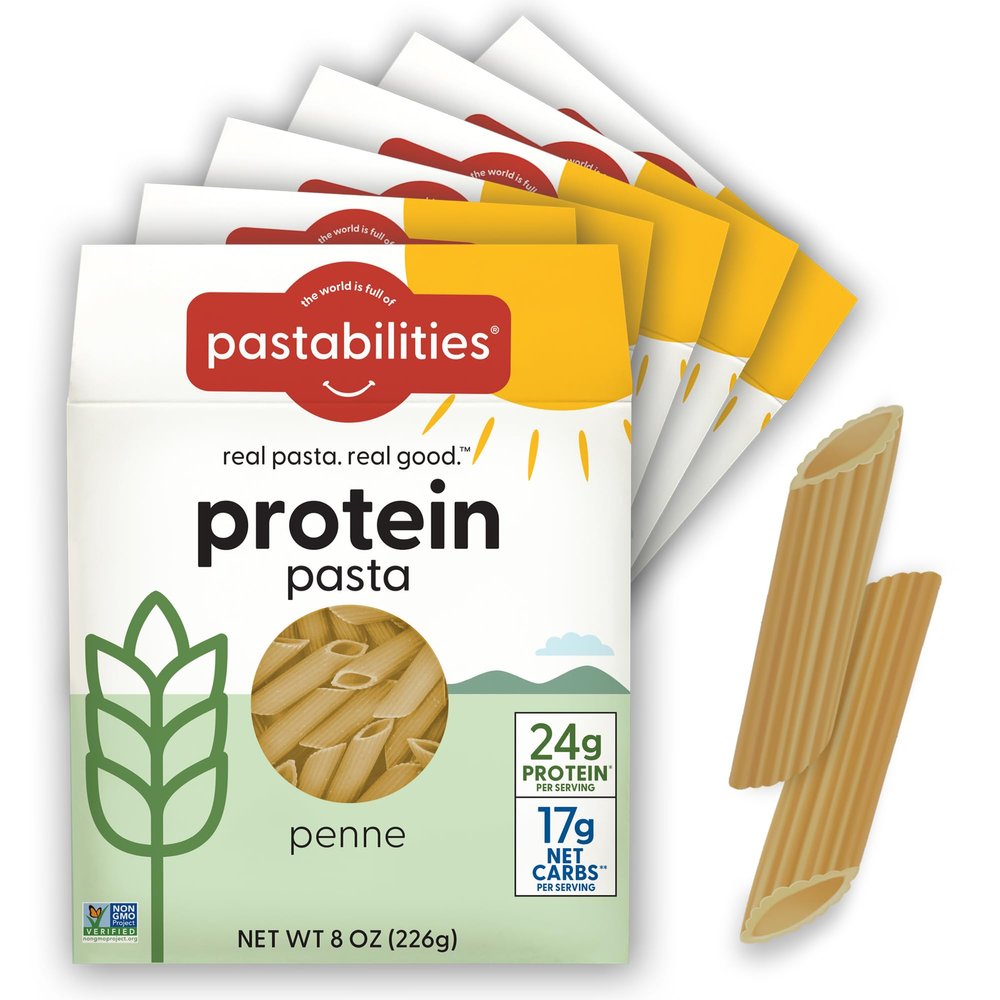 Pastabilities, Protein Pasta, Penne - 24g Protein & Low Carb, 17g Net Carbs - High Protein, Delicious Taste & Texture Non-GMO Plant-Based Pasta, Keto Friendly, Vegan (8 Ounce, 6 Pack)