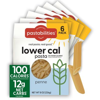 Pastabilities, Lower Calorie Pasta, Penne  100 Calories/Serving Low Net Carbs, Low Calorie, Non-GMO, High Fiber, Vegan, Plant-Based, Enhanced Nutrients, Delicious Taste & Texture (8 Ounce, 6 Pack)