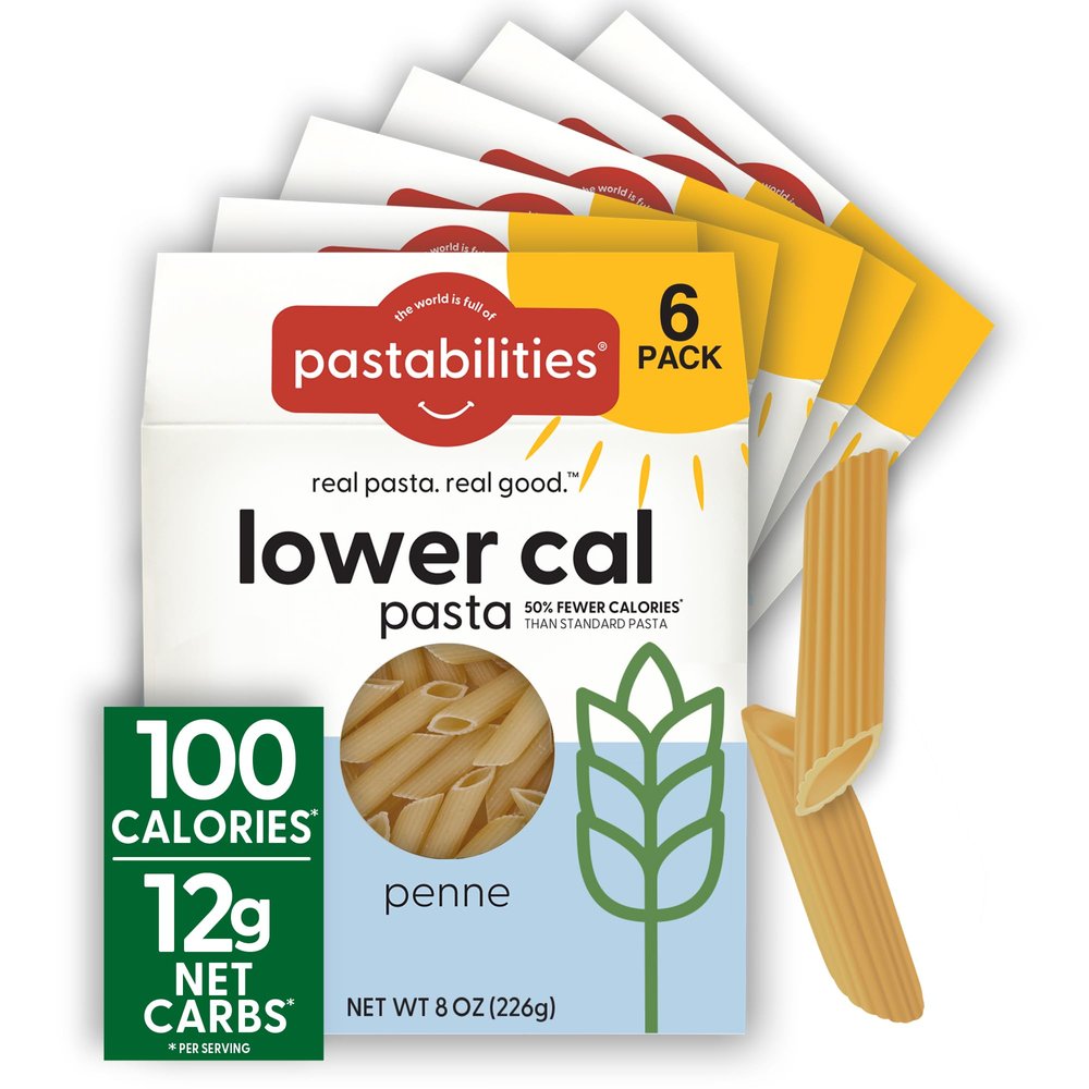 Pastabilities, Lower Calorie Pasta, Penne  100 Calories/Serving Low Net Carbs, Low Calorie, Non-GMO, High Fiber, Vegan, Plant-Based, Enhanced Nutrients, Delicious Taste & Texture (8 Ounce, 6 Pack)