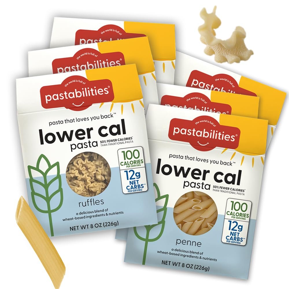 Pastabilities, Lower Calorie Pasta, Variety Pack (Penne & Ruffles)  100 Calories/Serving, 12g Net Carbs & High Fiber  Delicious & Nutritious Alternative to Traditional Pasta (8 Ounce, 6 Pack)