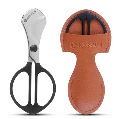 KEENSUN Cigar Scissors Cutter, Stainless Steel Guillotine Double Blade Straight Cut Scissors (Black and Silver) with Leather Case Cigar Accessories for Cigars(2.09" Handle Width)