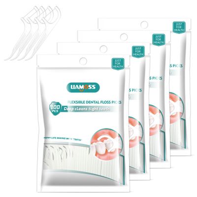 400 Count Dental Floss Picks-Tooth Picks Flossers for Adults-LIAMOSS No Break& No Shred Floss Sticks-Family Best Dental Oral Care Set(Pack of 4)