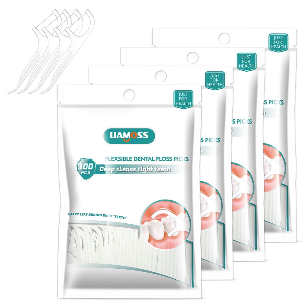 400 Count Dental Floss Picks-Tooth Picks Flossers for Adults-LIAMOSS No Break& No Shred Floss Sticks-Family Best Dental Oral Care Set(Pack of 4)