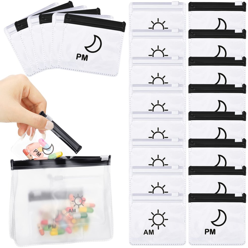 56 Pcs AM PM Pill Pouches Bags Travel Pill Bags Zippered Medicine Organizer Day and Night Pill Bag Reusable Plastic Pill Baggies with Slide Lock Monthly Pill Organizer 2 Times a Day (Clear, Black)