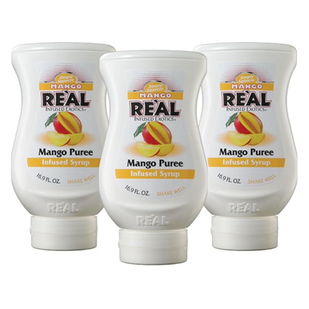 Mango Rel Infused Exotics, Mango Puree Infused Syrup, 16.9 FL OZ Squeezable Bottle (Pack of 3)