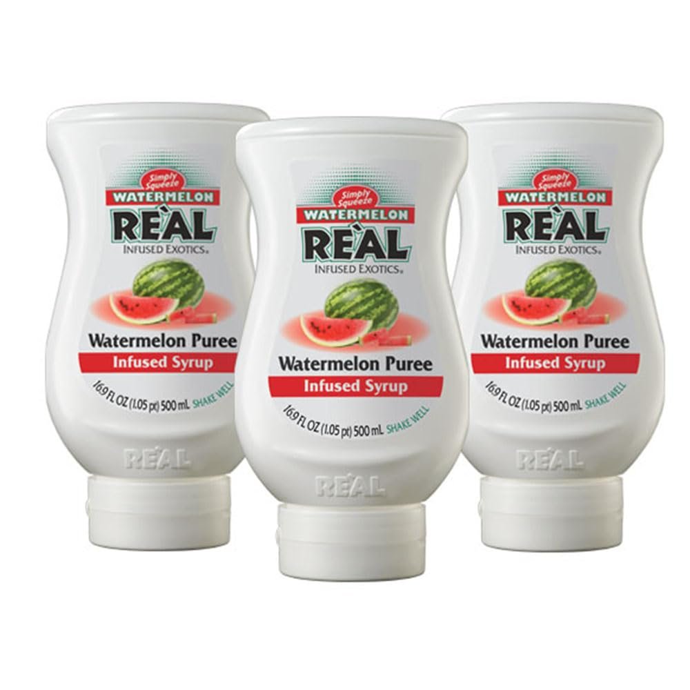 Watermelon Rel Infused Exotics, Watermelon Puree Infused Syrup, 16.9 FL OZ Squeezable Bottle (Pack of 3)