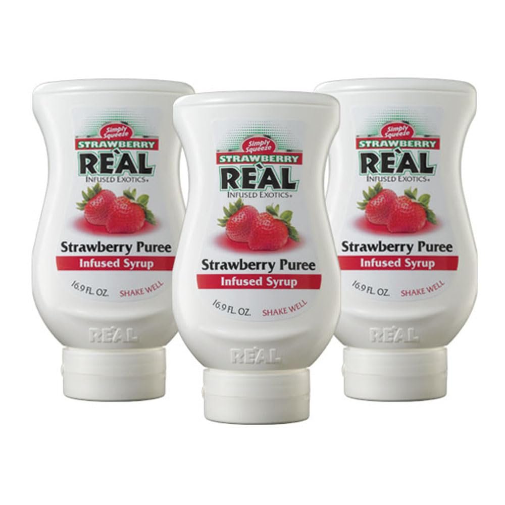 Strawberry Rel Infused Exotics, Strawberry Puree Infused Syrup, 16.9 FL OZ Squeezable Bottle (Pack of 3)