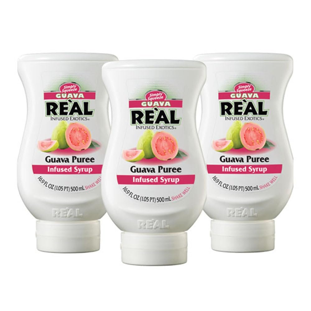 Guava Rel Infused Exotics, Guava Fruit Puree Infused Syrup, 16.9 FL OZ Squeezable Bottle (Pack of 3)