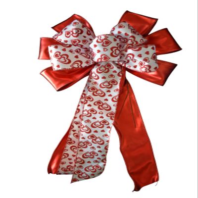 1 Pcs 10" Hand Made Wired 2 Ribbon Valentine's Day Wreath Bow Red Hearts Love Glitter