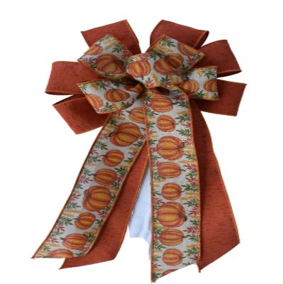 1 Pcs 10" Hand Made Wired 2 Ribbon Pumpkin Wreath Bow Orange Burnt Thanksgiving