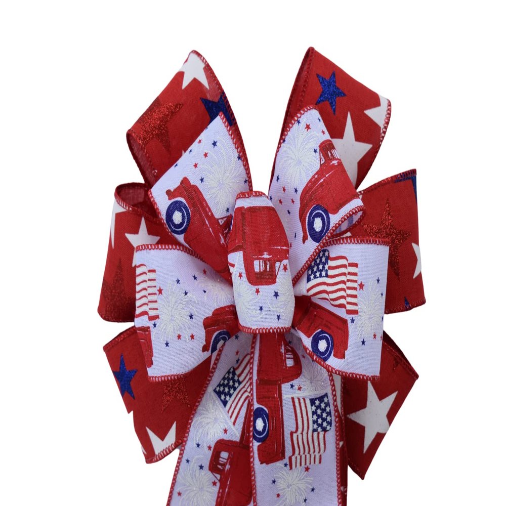 1 Pcs 10" Hand Made Wired White Truck on Red Stars Ribbon Bow Patriotic American
