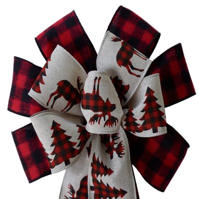 1 Pcs 10" Hand Made Wired 2 Ribbon Buffalo Plaid Moose Wreath Bow Christmas Holiday