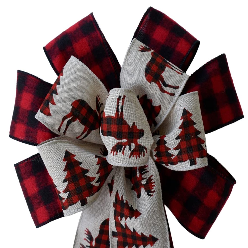 1 Pcs 10" Hand Made Wired 2 Ribbon Buffalo Plaid Moose Wreath Bow Christmas Holiday