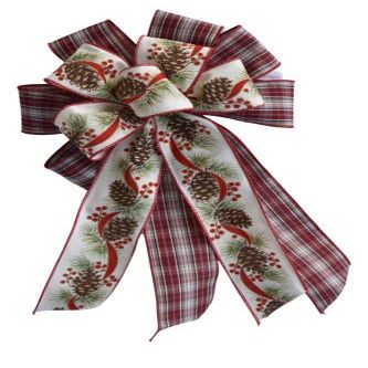 1 Pcs 10" Hand Made Wired 2 Ribbon Plaid Pine Cone Holly Wreath Bow Christmas Holiday