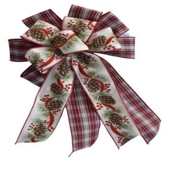 1 Pcs 10" Hand Made Wired 2 Ribbon Plaid Pine Cone Holly Wreath Bow Christmas Holiday