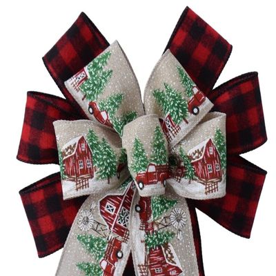 1 Pcs 10" Hand Made Farmhouse Wired Wreath Bow 2 Ribbon Country Plaid